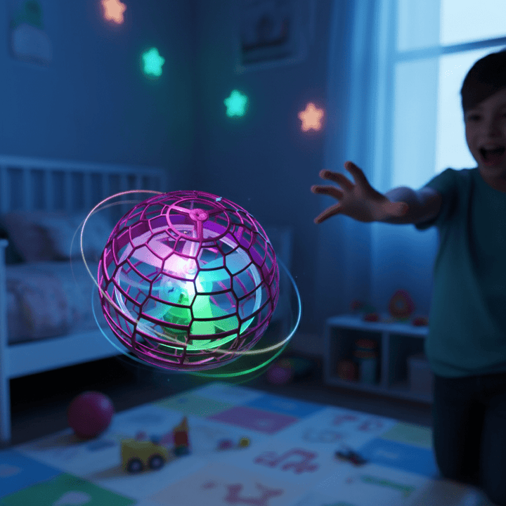 Unisex flying gyroscope toy with LED lights for interactive indoor & outdoor fun.