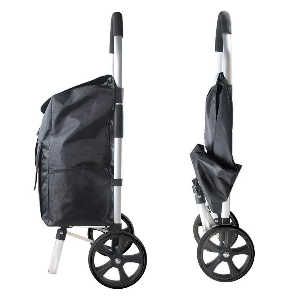 Lightweight aluminum shopping cart, CarryEase, in folded position, showcasing portable and space-saving design