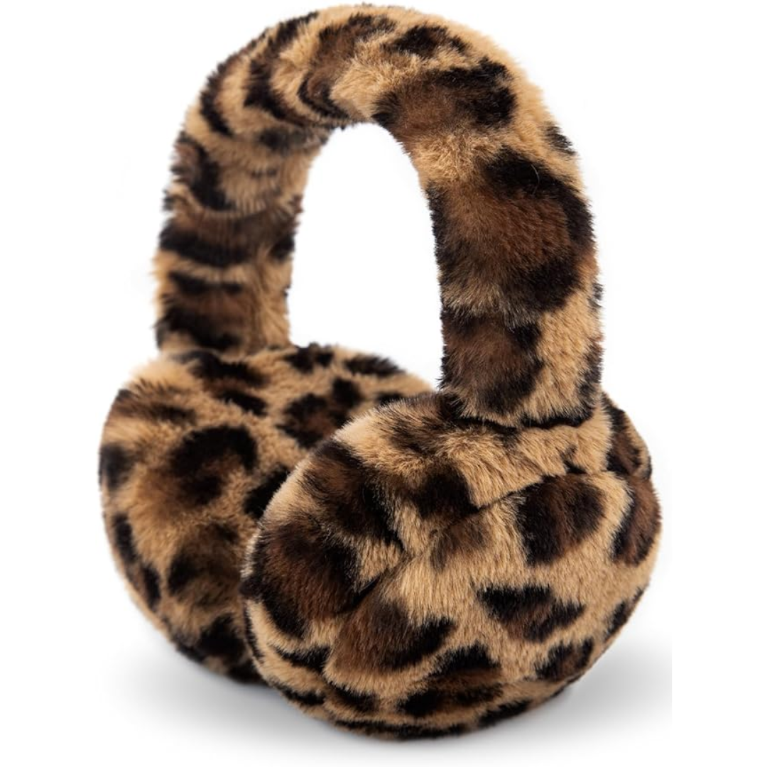 Detail shot of the foldable mechanism on a pair of faux fur ear warmers