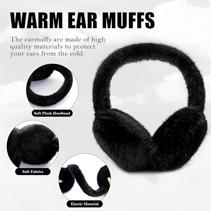 Model smiling while wearing cream faux fur ear warmers, cozy winter style