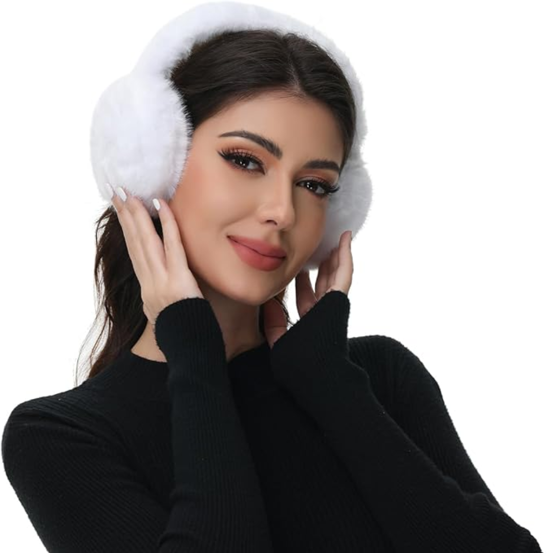 Close up of the plush faux fur material on unisex ear warmers, soft and warm