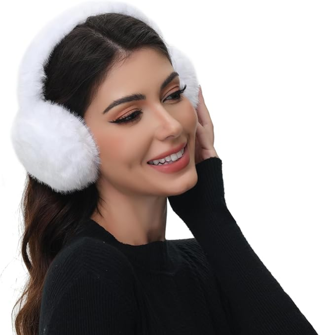 Foldable gray faux fur ear warmers shown with winter gloves and scarf