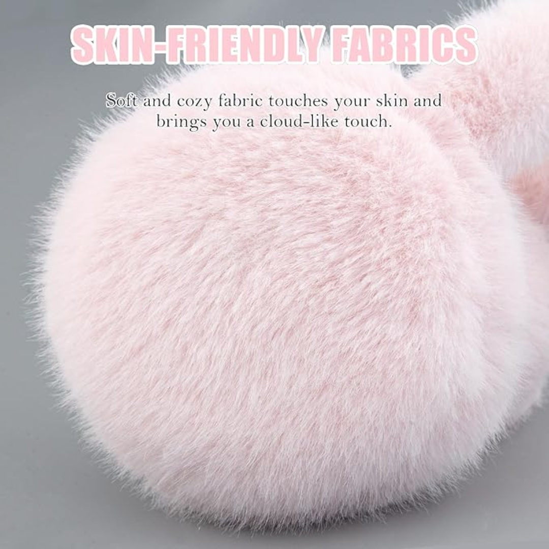 Stylish accessory shot: foldable faux fur ear warmers in various colors arranged