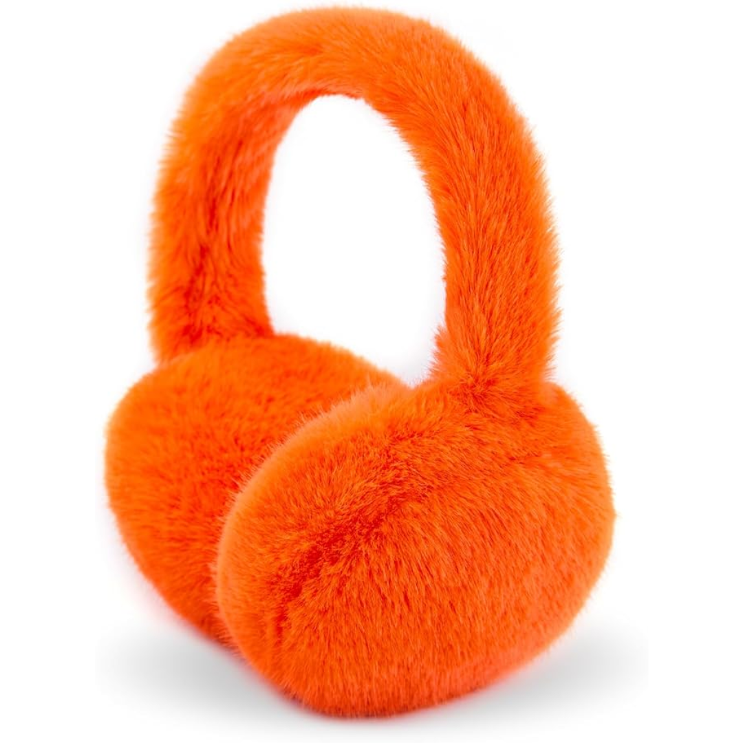 Closeup of soft faux fur ear warmers, black, emphasizing texture and warmth