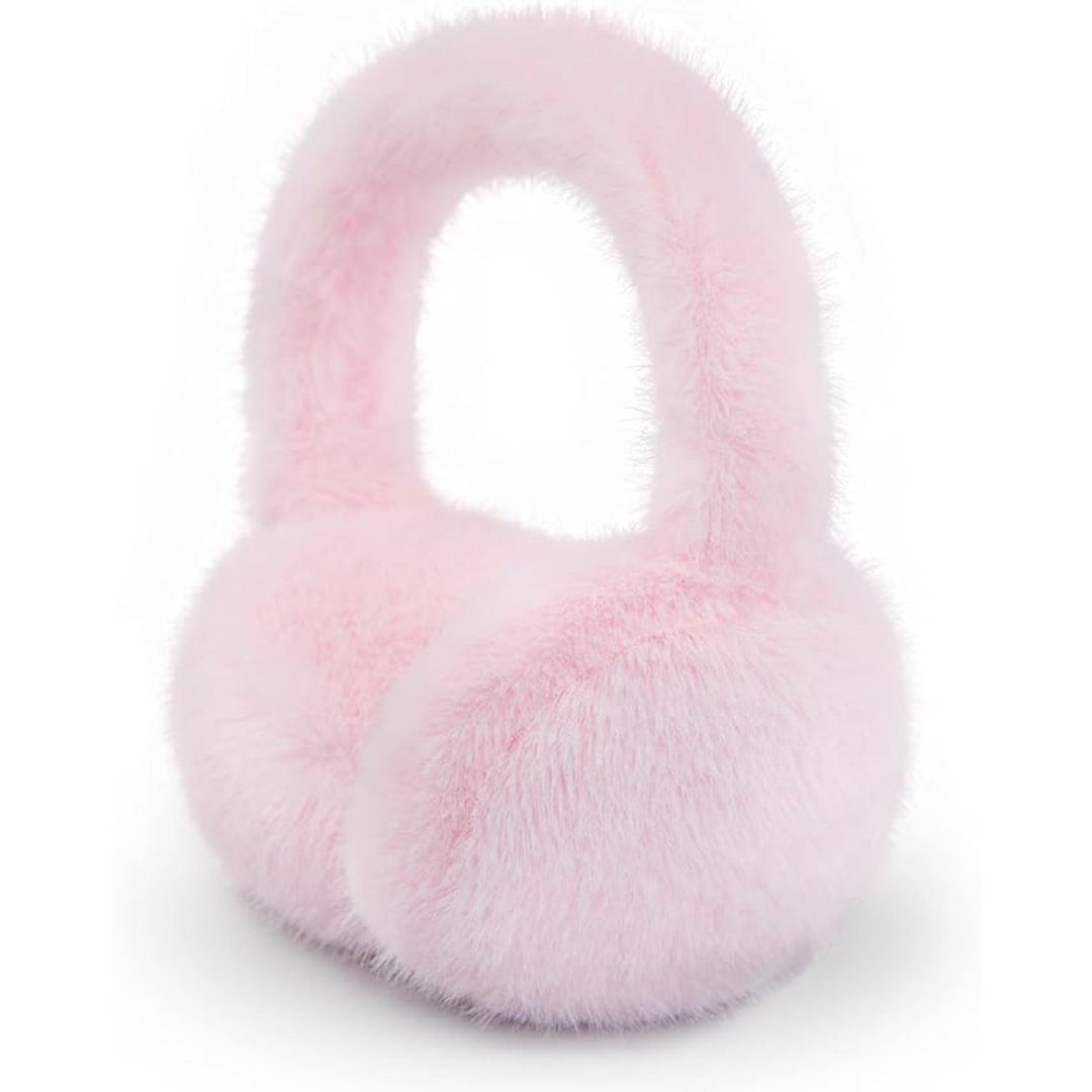 Side view of a person wearing foldable gray faux fur ear warmers, winter fashion