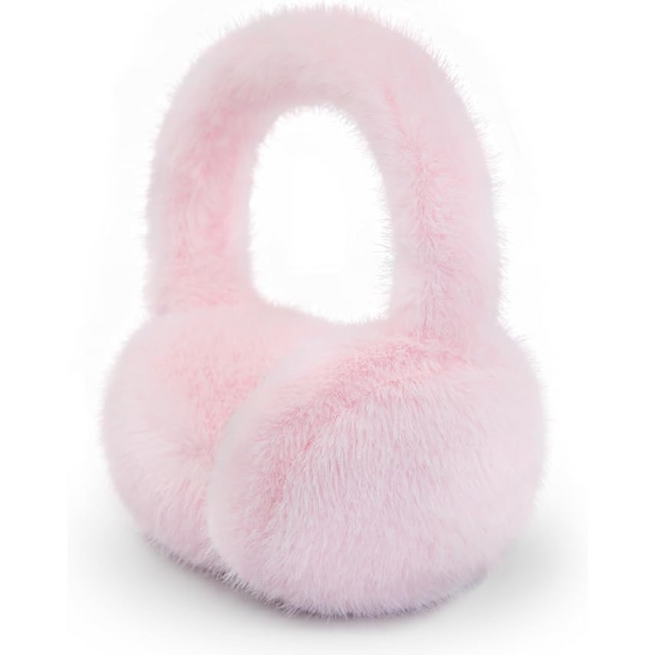 Side view of a person wearing foldable gray faux fur ear warmers, winter fashion