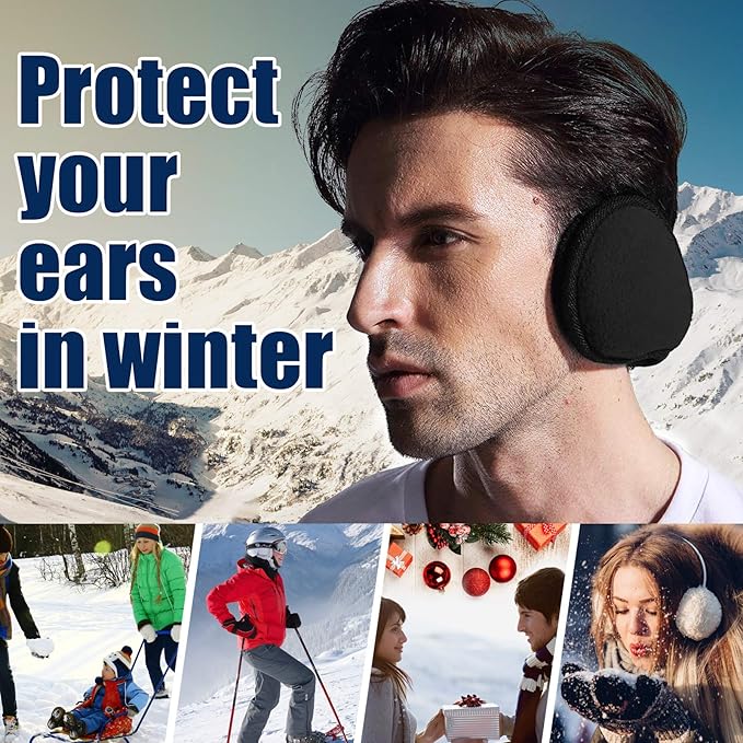 Black customizable SnugMuffs ear warmers, unisex foldable fleece, for winter branding