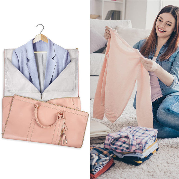 Portable travel garment bag for suits & dresses, designed for wrinkle-free packing & organized luggage.