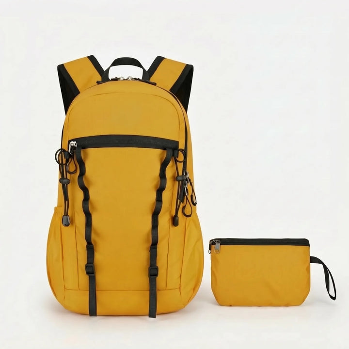 Woman hiking with a compact foldable backpack, enjoying nature with essential gear.