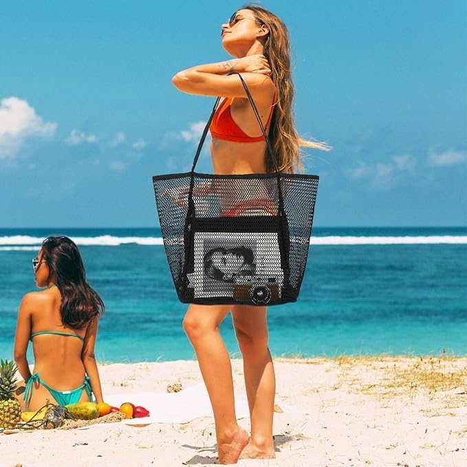 Unisex foldable mesh beach tote bag with inner pocket, blue, for travel and shopping