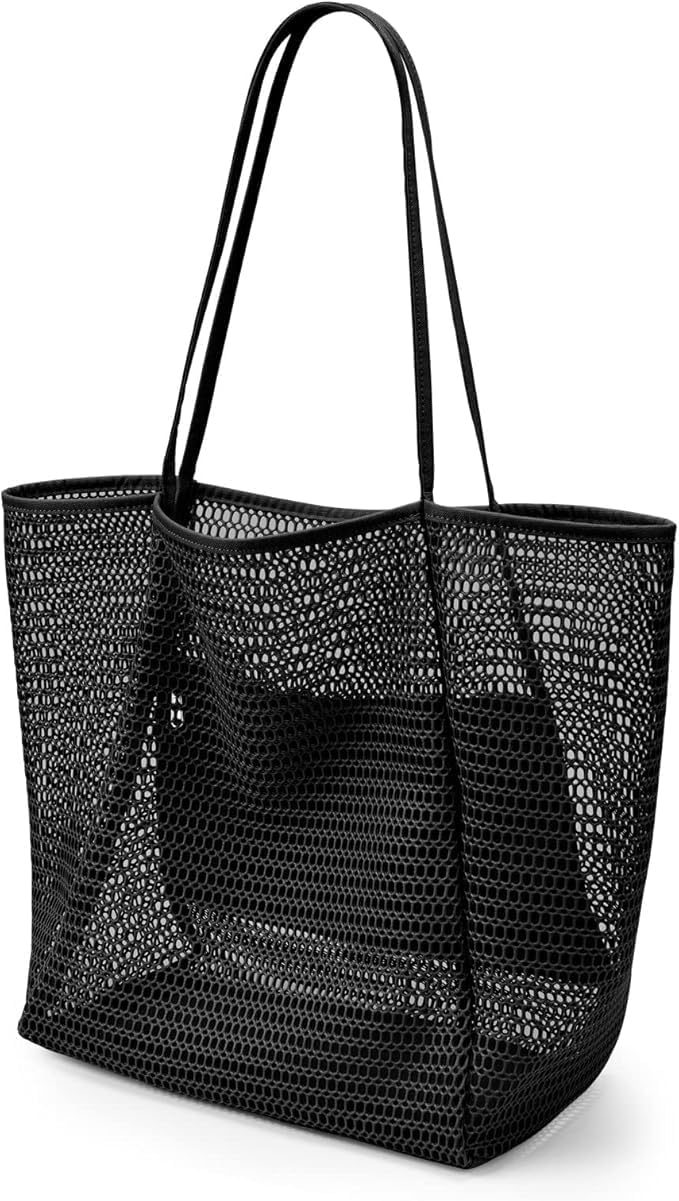 Foldable mesh beach tote bag in black, perfect for pool, gym, or summer accessory