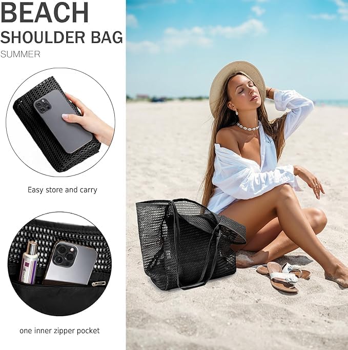 Foldable mesh travel tote bag for beach or gym. Compact, with a secure inner pocket for essentials.