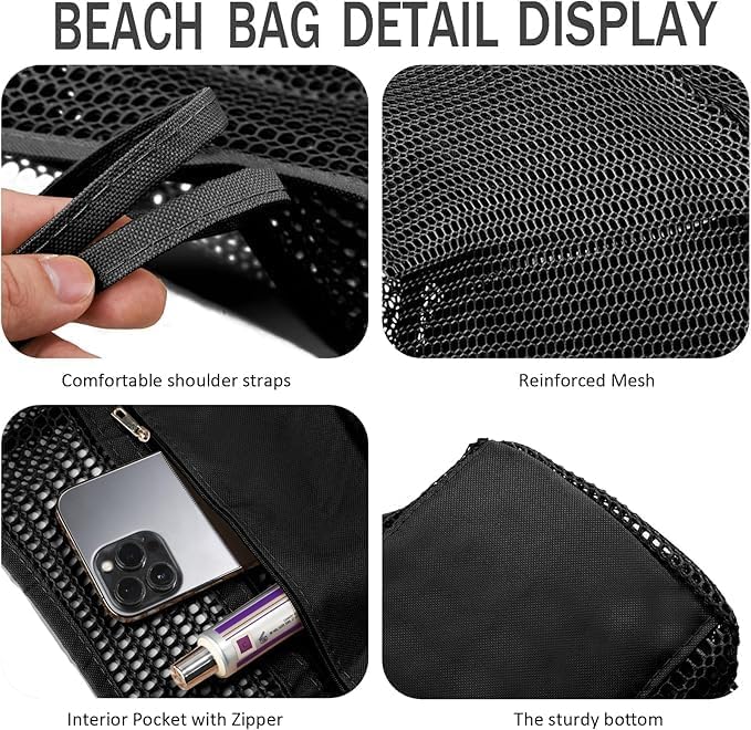 Foldable mesh beach bag, unisex, versatile for shopping and gym, with convenient inner storage
