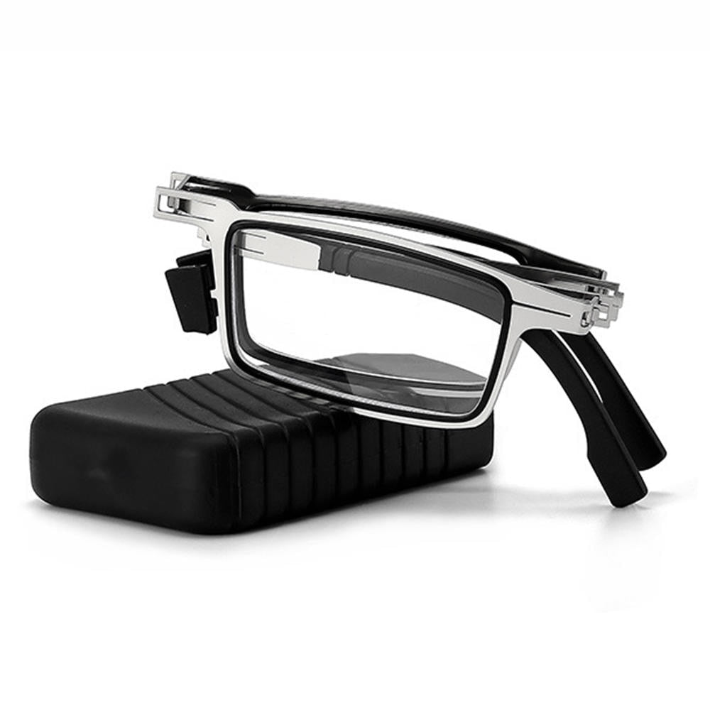 Stylish unisex foldable reading glasses. Square frame, clear vision & blue light protection. Perfect for travel.