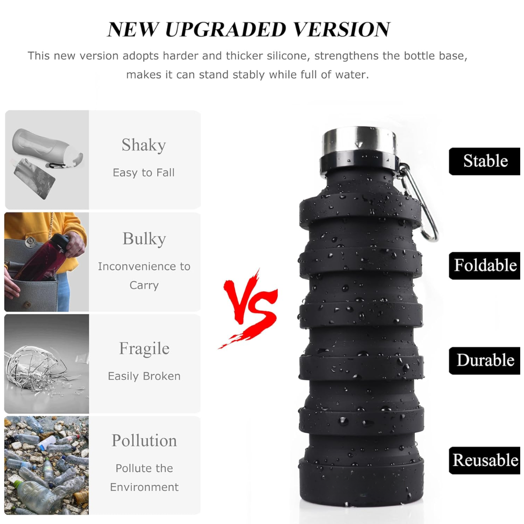 Collapsible silicone water bottle, portable & leakproof. Ideal for travel, hiking, gym, and outdoor sports.