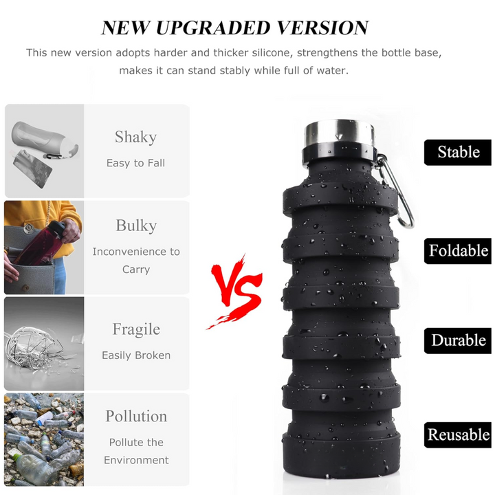 Collapsible silicone water bottle, portable & leakproof. Ideal for travel, hiking, gym, and outdoor sports.
