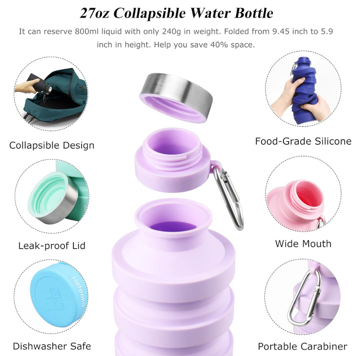 Durable BPA-free shockproof water bottle for sports, outdoor adventures, and daily hydration. Easy to fold.