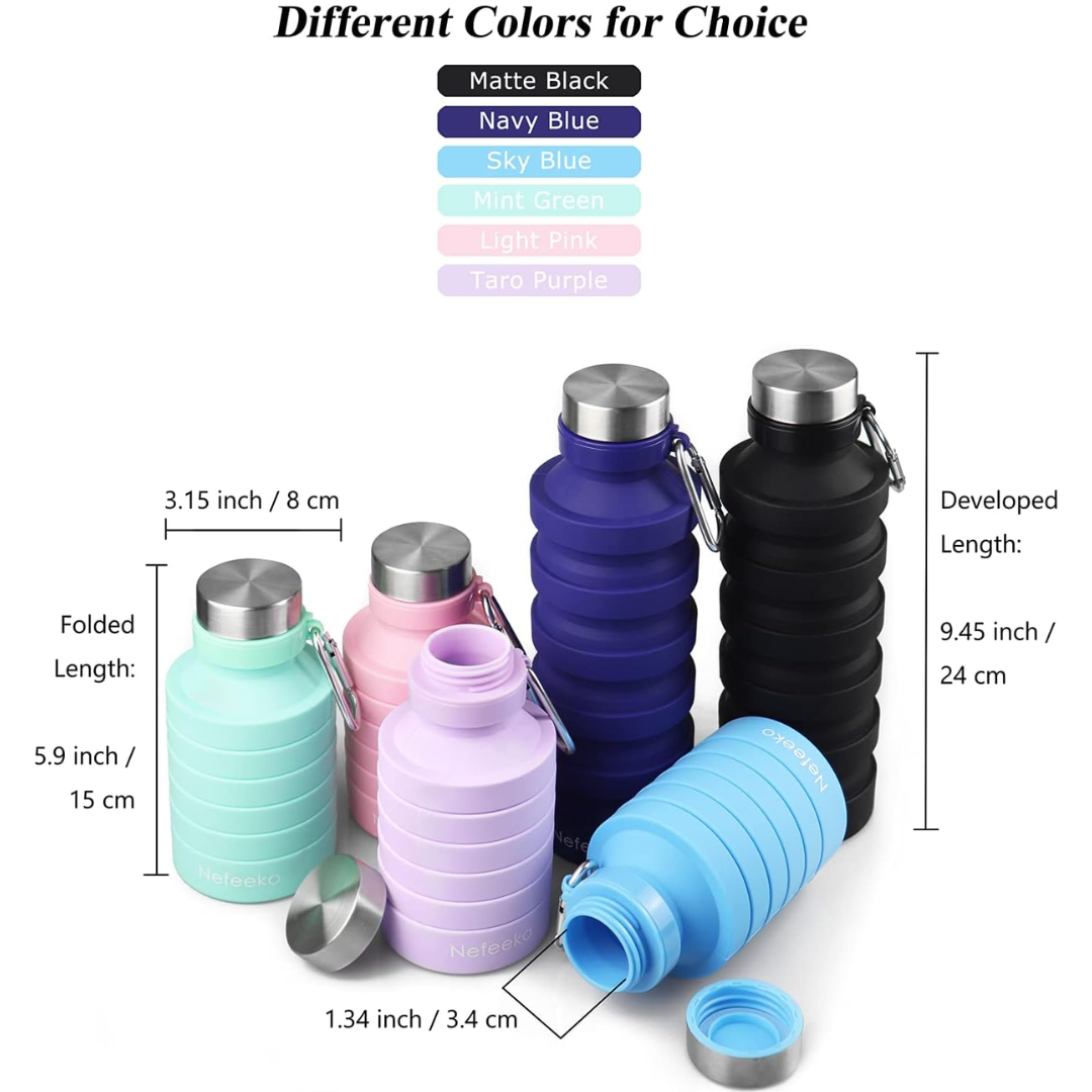 Reusable foldable water bottle for hiking & active outdoor use. Shockproof & portable silicone design.