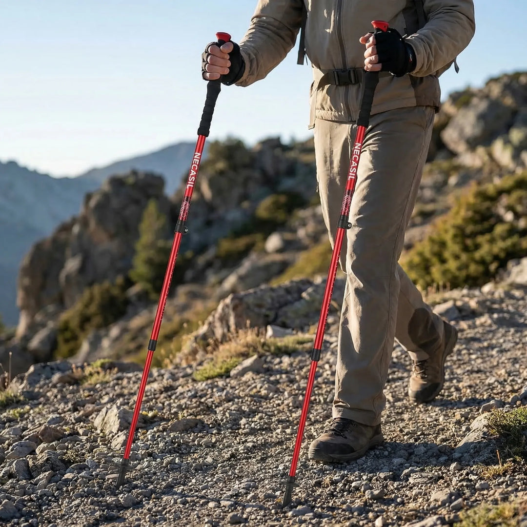 Unisex foldable telescopic trekking pole set for hiking & trail walking. Lightweight & collapsible outdoor gear.