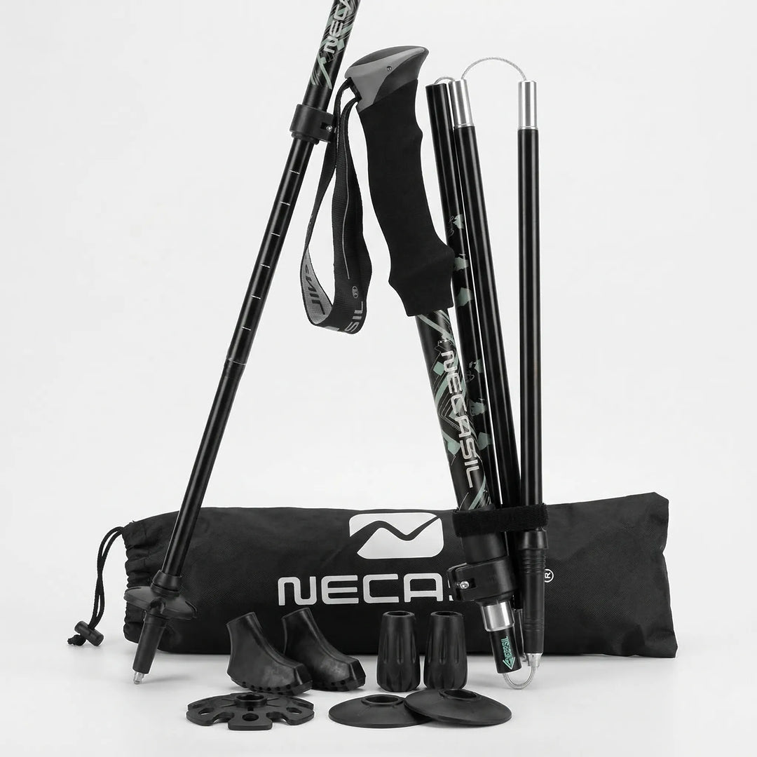 Adjustable telescopic trekking poles. Collapsible design for easy travel. Essential hiking & Nordic walking gear.