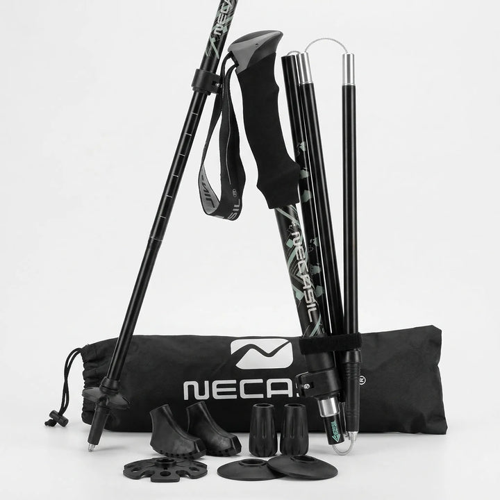 Adjustable telescopic trekking poles. Collapsible design for easy travel. Essential hiking & Nordic walking gear.