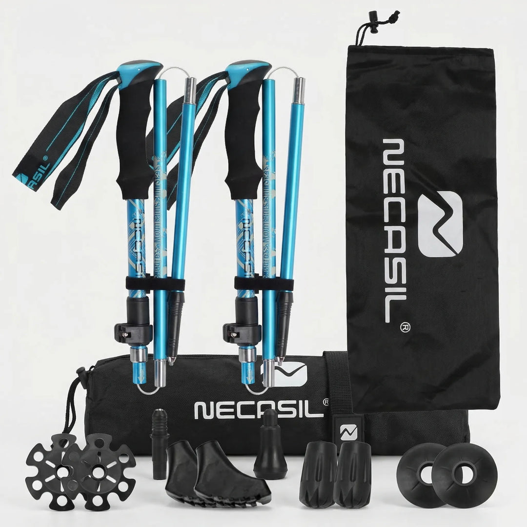 Set of 2 lightweight foldable trekking poles. Unisex design for stable hiking, trail walking & outdoor adventures.
