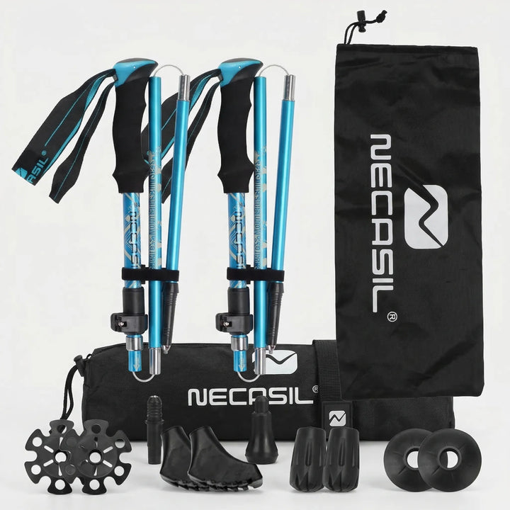 Set of 2 lightweight foldable trekking poles. Unisex design for stable hiking, trail walking & outdoor adventures.