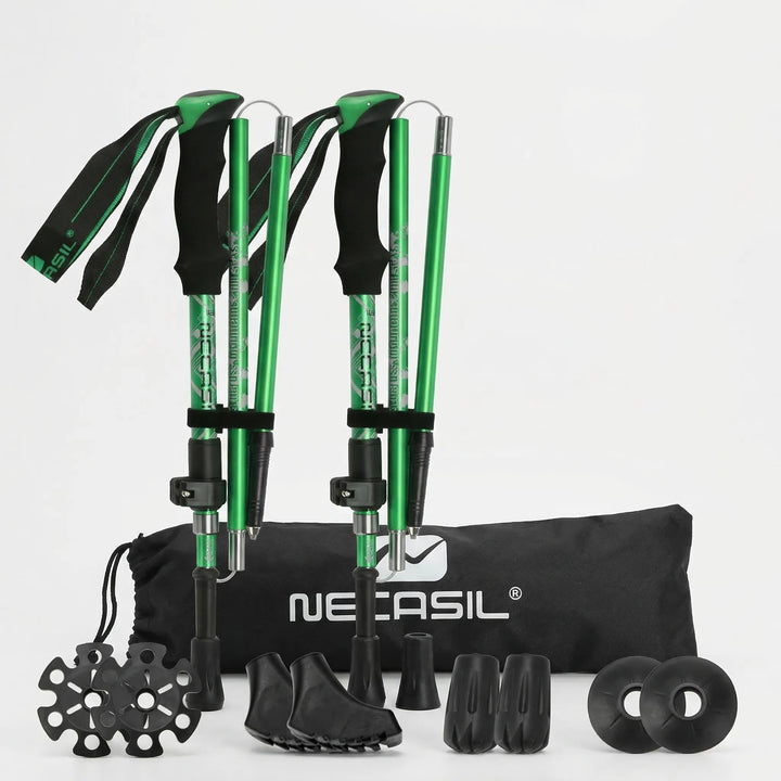 Compact foldable walking sticks. Telescopic & lightweight for easy packing. Essential outdoor gear for hikers.