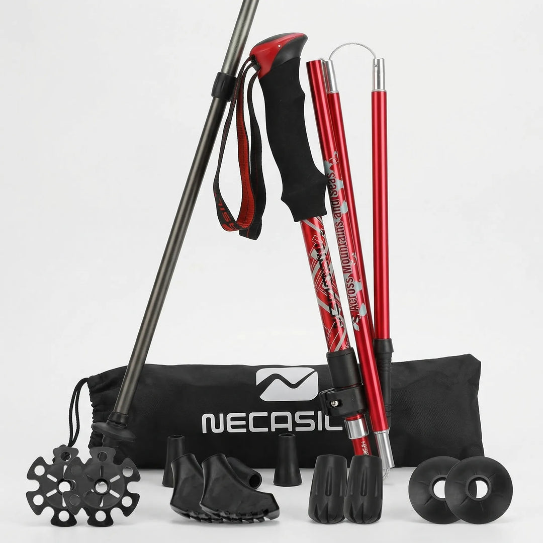 Easy-fold telescopic hiking poles. Unisex design, lightweight & durable for trekking, trail hiking & travel.