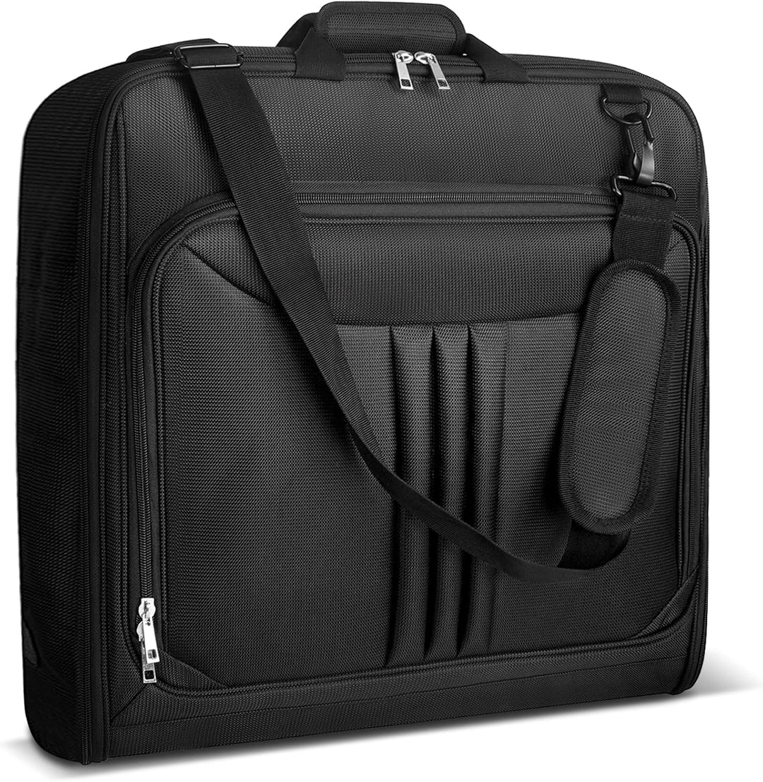Unisex foldable travel garment bag for suits & dresses, carry-on size, with shoulder strap. Keeps clothes wrinkle-free.