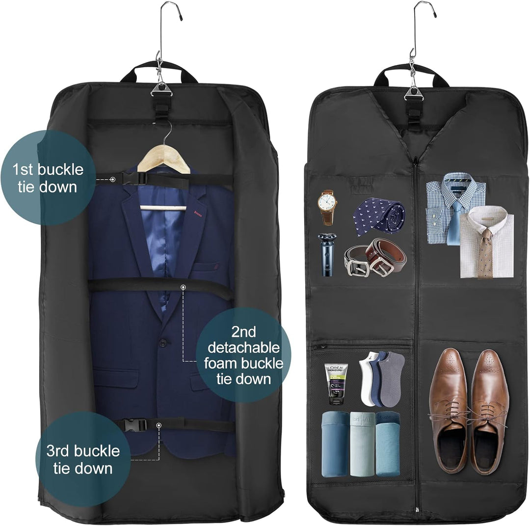 Foldable carry-on suit organizer garment bag for business & wedding travel. Protects clothes from wrinkles.