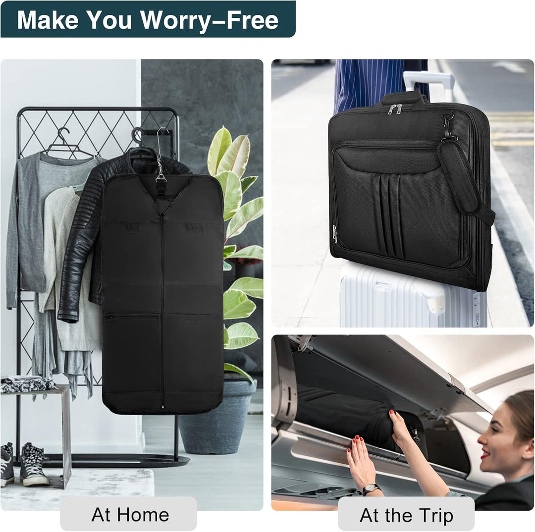 Durable unisex foldable garment bag for wrinkle-free suit & dress travel. Essential carry-on luggage with strap.