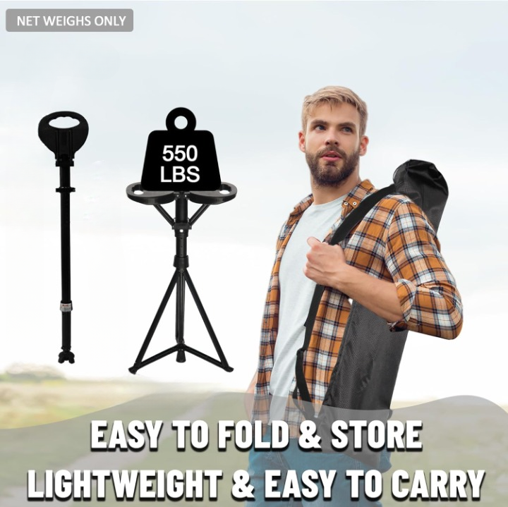 StepMate Foldable Walking Cane with Seat, adjustable height aluminum travel accessory for mobility