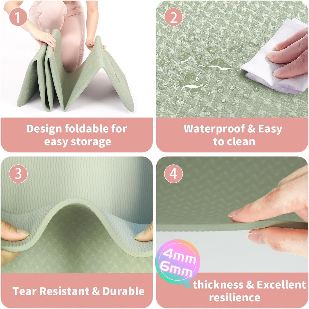 Thick TPE yoga mat provides stability & comfort for yoga, meditation, & pilates. Foldable non-slip exercise accessory.