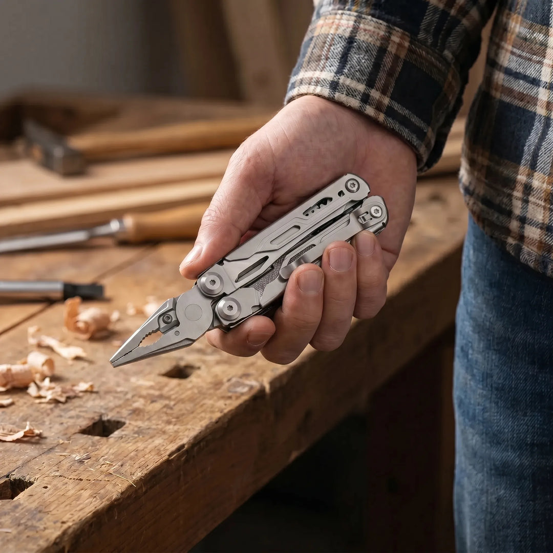 Unisex folding multi-tool with pliers, saw, and screwdriver bits for camping & everyday carry.