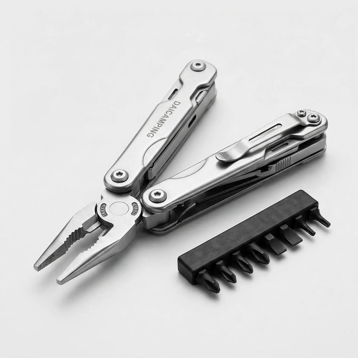 Compact folding utility multi-tool for hiking & home repair, featuring pliers, saw, & screwdriver.