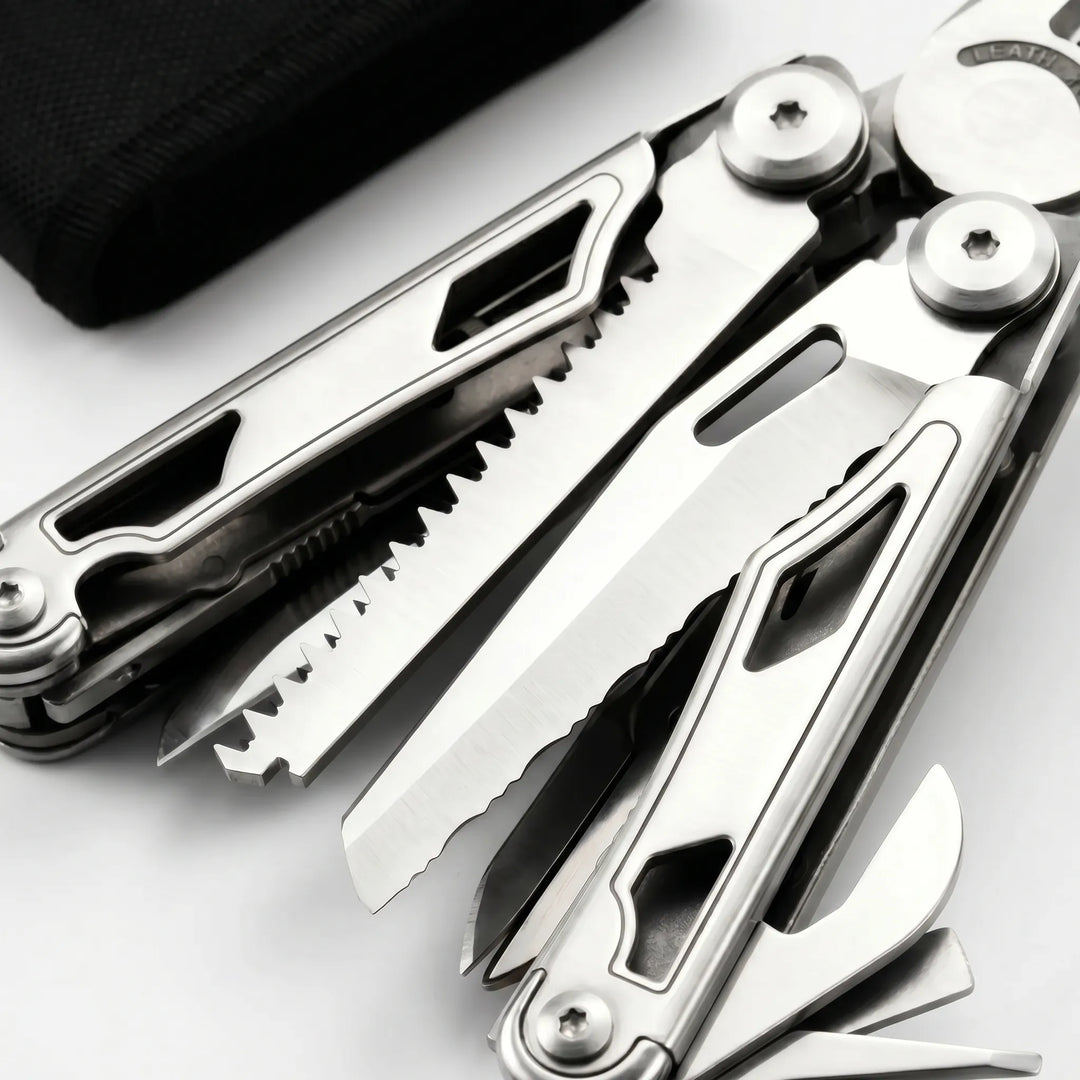 Durable folding multi-tool featuring strong pliers, sharp saw blade, and interchangeable screwdriver bits.