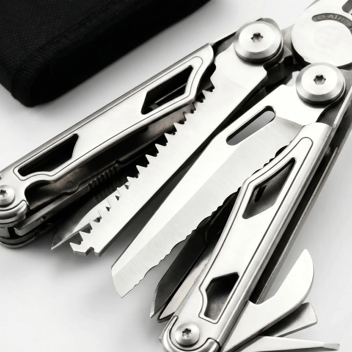 Durable folding multi-tool featuring strong pliers, sharp saw blade, and interchangeable screwdriver bits.