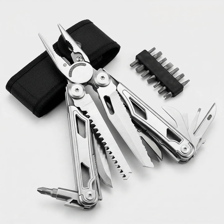 Pocket-sized survival multi-tool with pliers, saw, & screwdriver bits, ideal for camping & EDC.