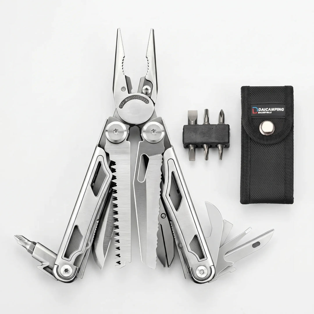 Close-up of a folding multi-tool showing integrated pliers, saw, and various screwdriver bit options.