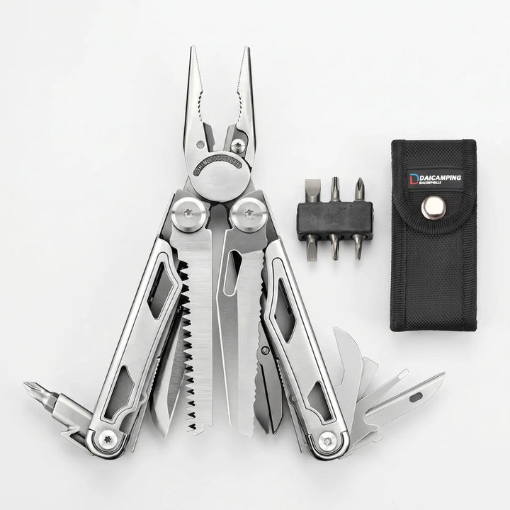 Close-up of a folding multi-tool showing integrated pliers, saw, and various screwdriver bit options.