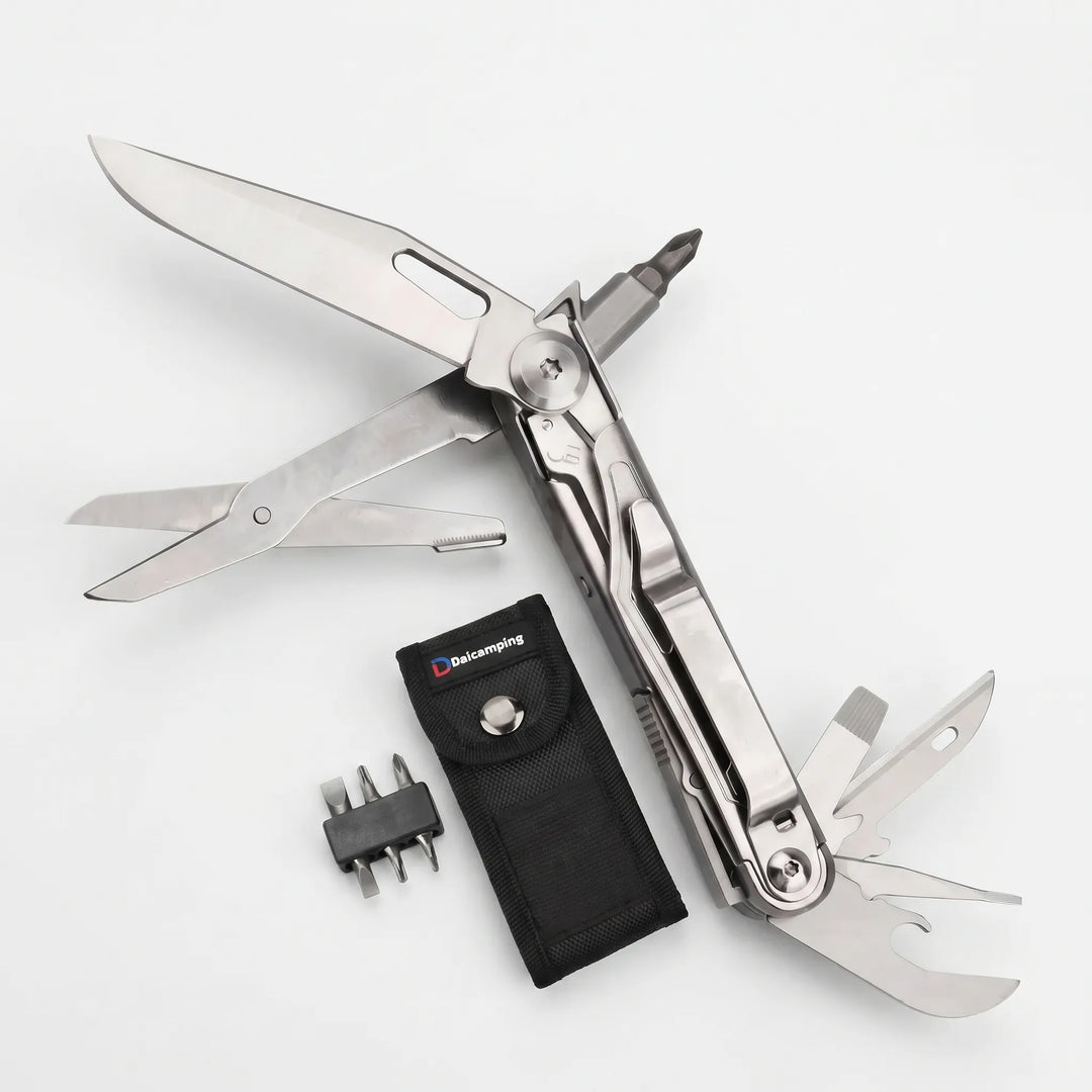 Versatile folding multi-tool for home repair, camping, & hiking. Includes pliers, saw, & screwdriver.