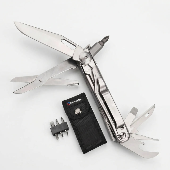 Versatile folding multi-tool for home repair, camping, & hiking. Includes pliers, saw, & screwdriver.