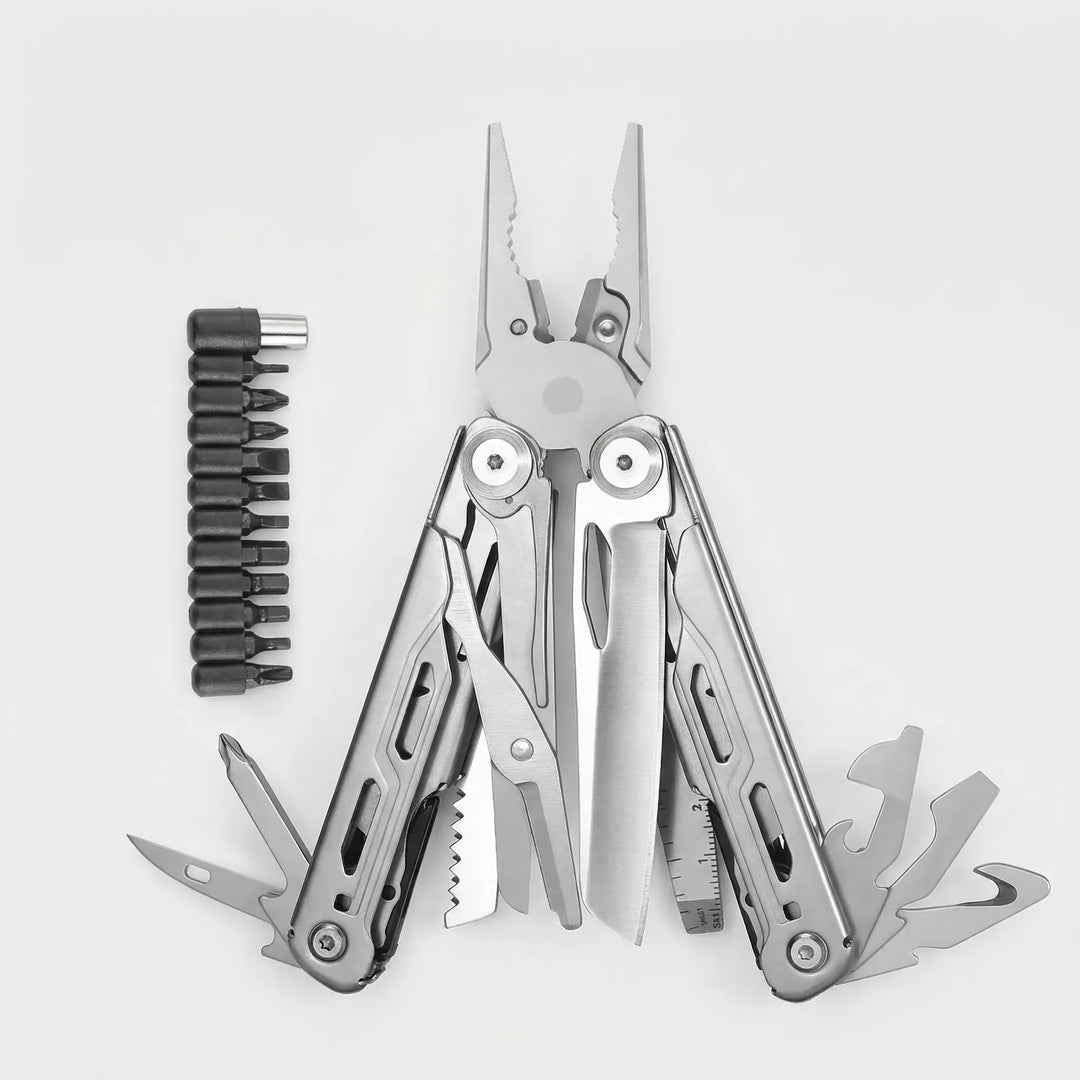 Heavy-duty folding multi-tool with stainless steel pliers, saw, and multiple screwdriver bits for outdoor use.