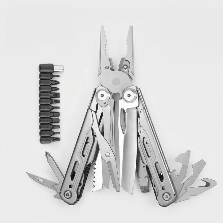 Heavy-duty folding multi-tool with stainless steel pliers, saw, and multiple screwdriver bits for outdoor use.
