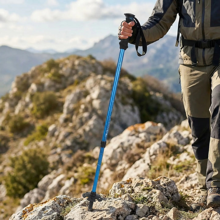 Unisex folding trekking pole with shock absorption, ideal for hiking & trail walking. Lightweight & collapsible.