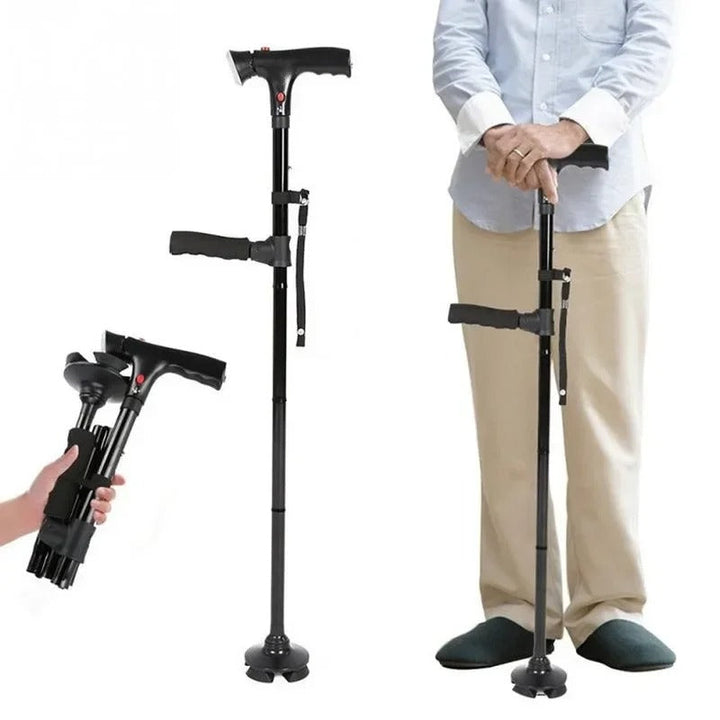 Unisex folding walking cane with dual handles, LED light & emergency alarm, perfect for elderly mobility & safety.