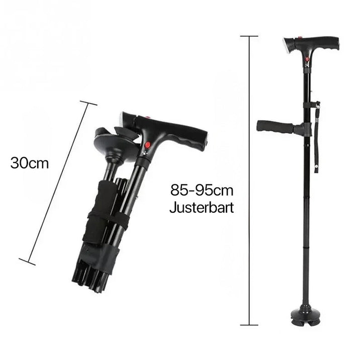 Folding walking cane, ergonomic dual handles, bright LED light for night, and integrated alarm for user safety.