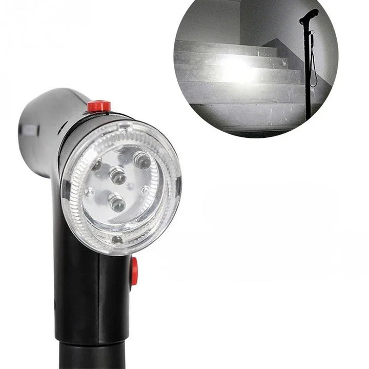 Adjustable folding walking cane for stability & support. Features dual handles, LED light, and emergency alarm.