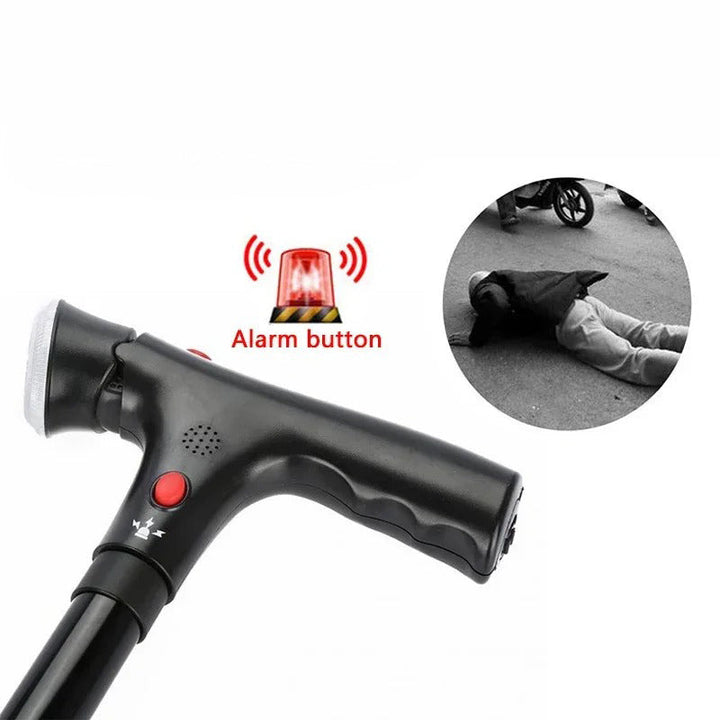 Mobility aid folding cane with dual handles for easy standing, built-in LED light & personal safety alarm.
